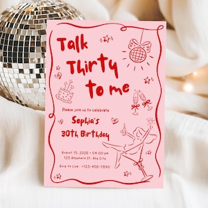 Talk Thirty To Me Birthday Invitation, Pink Red 30th Birthday Invite for Women, Dirty Thirty Party Printable, Editable Digital Template image 4