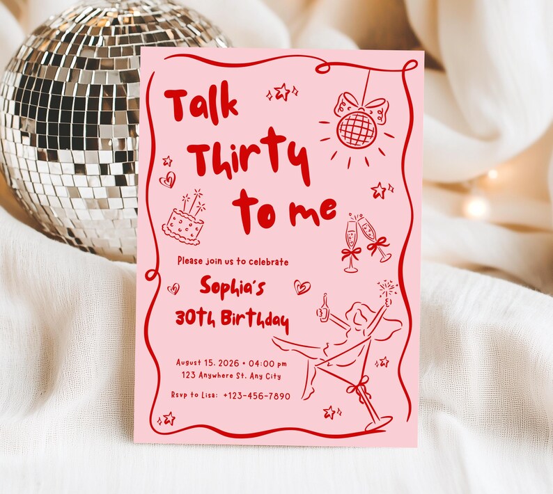 Talk Thirty To Me Birthday Invitation, Pink Red 30th Birthday Invite for Women, Dirty Thirty Party Printable, Editable Digital Template image 4