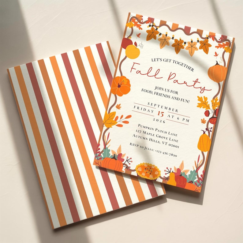May include: A rectangular invitation card and a matching envelope featuring vertical orange, brown, and white stripes. The invitation displays autumn-themed illustrations of pumpkins, leaves, and string lights with text reading Let's Get Together Fall Party.