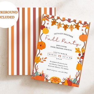 May include: A rectangular invitation card and a matching striped envelope featuring autumn motifs. The card displays text including "Fall Party," "September 15 at 6 PM," and "Pumpkin Patch Lane," surrounded by illustrations of pumpkins, leaves, and vines.