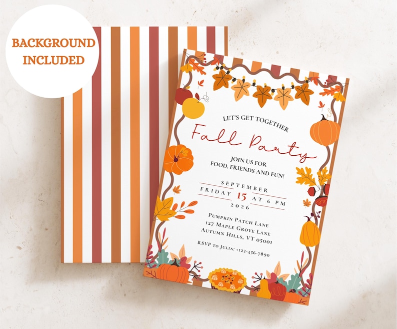 May include: A rectangular invitation card and a matching striped envelope featuring autumn motifs. The card displays text including "Fall Party," "September 15 at 6 PM," and "Pumpkin Patch Lane," surrounded by illustrations of pumpkins, leaves, and vines.