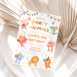 May include: A vibrant birthday invitation with the text "CALLING ALL PARTY ANIMALS" and "LIAM'S 3RD BIRTHDAY." The design includes cartoon animals such as a monkey, alligator, bear, elephant, lion, and tiger, all in a party setting.