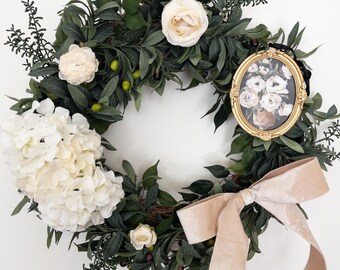 Wreath Attachment: Champagne Bow, Hydrangea, Roses, Wood Frame – Customizable Decor