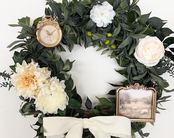 Wreath Attachment: Velvet Bow, Gold Framed Pictures, Dahlia Flowers, Bird Accent