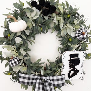 Halloween Wreath Attachment: White Pumpkin, Buffalo Check Bow & Skeleton