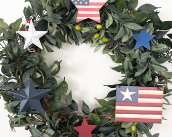 Primitive American Flag Wood Star Attachment Set, Patriotic Wreath Decor