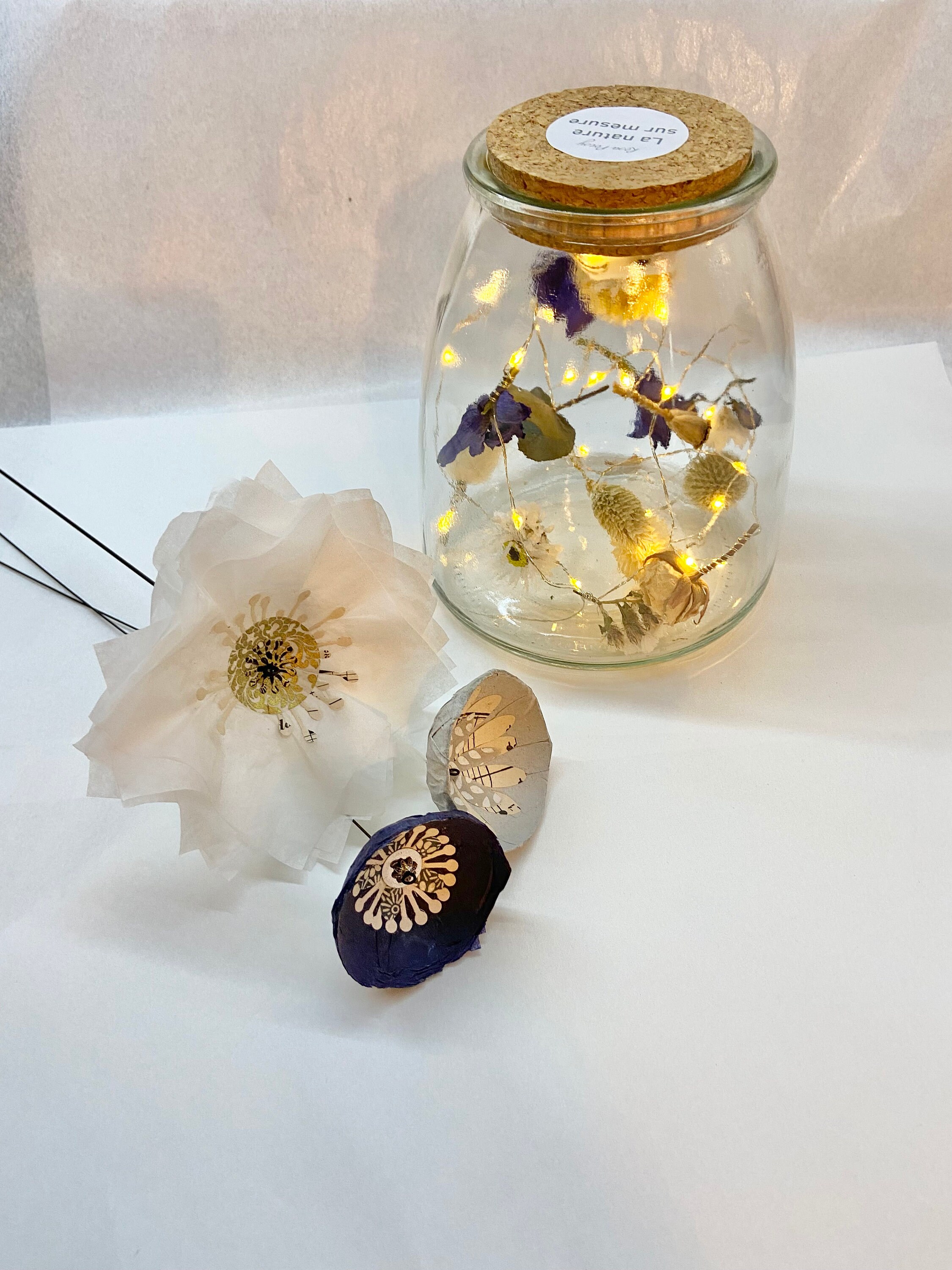 Bocal Lumineux avec Guirlande en Fleurs Séchées