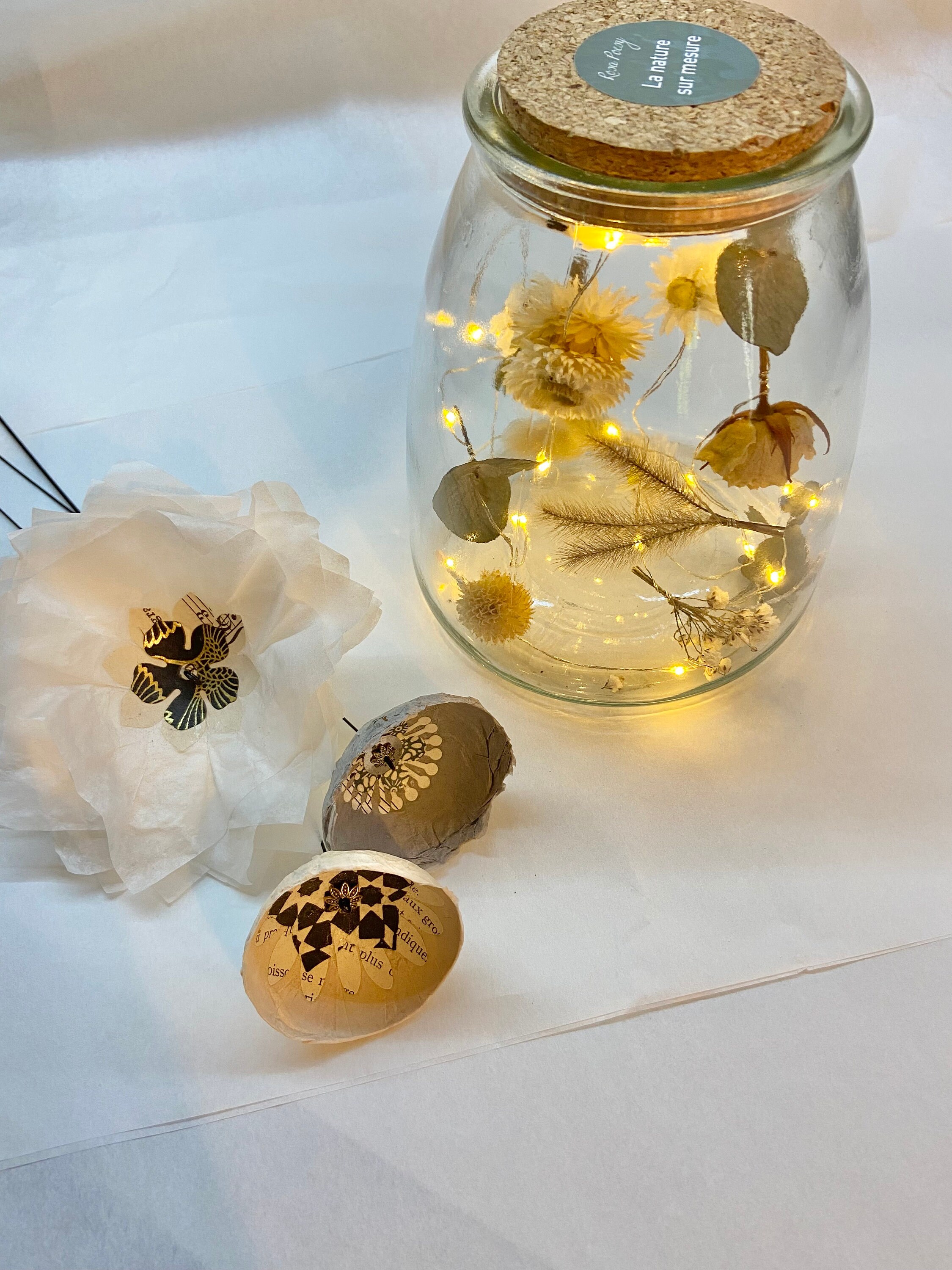 Bocal Lumineux avec Guirlande en Fleurs Séchées