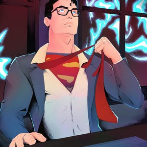 May include: Illustration of a man in a suit, white shirt, and red tie, with the Superman logo visible. He wears glasses and looks upward. The background features blue and white glowing shapes, suggesting a window or digital display.