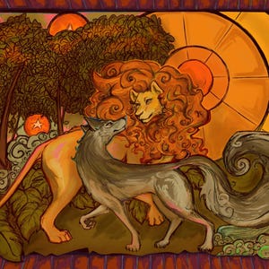 May include: An illustration featuring a lion and a wolf in a vibrant, warm color palette. The lion has a large orange mane and the wolf is gray. The background includes trees, stars, and a large sun-like shape, all within a decorative border.