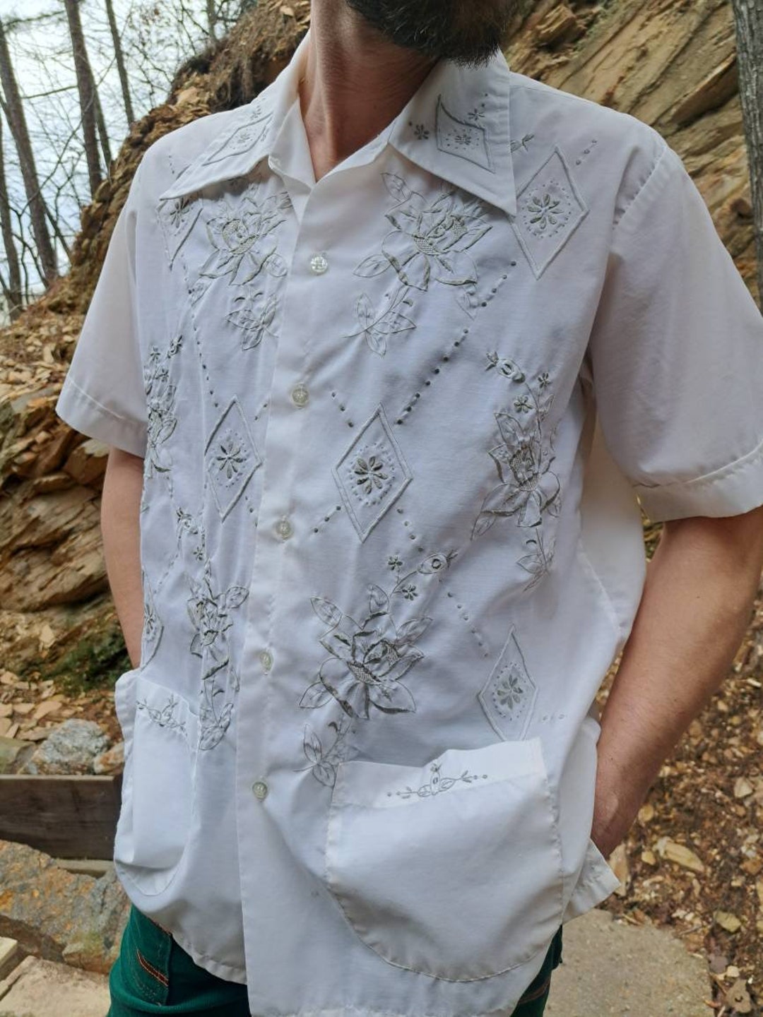 White Pocket Shirt/Daffodil Brand Label/ Rose Stitch Hand Embroidery/Button Down Closure/PRICE Reduced