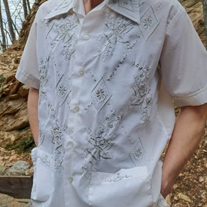 White Pocket Shirt/Daffodil Brand Label/ Rose Stitch Hand Embroidery/Button Down Closure/PRICE REDUCED