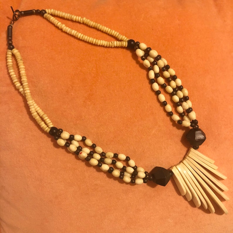 1980s Beaded Wood Metal Stone Bone Necklace image 8