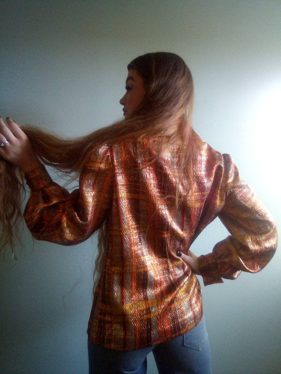 1970's Sparkle Disco Plaid Blouse with Gold Butto… - image 2