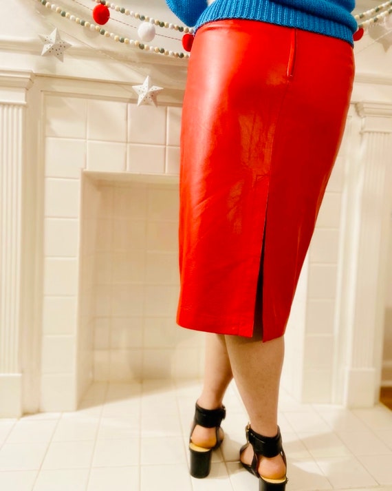 1980s Red Leather Midi Skirt - image 2