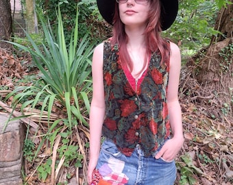 1990's Felt Floral Vest / Sinched Back/ Button Up Front Closure / Size Medium