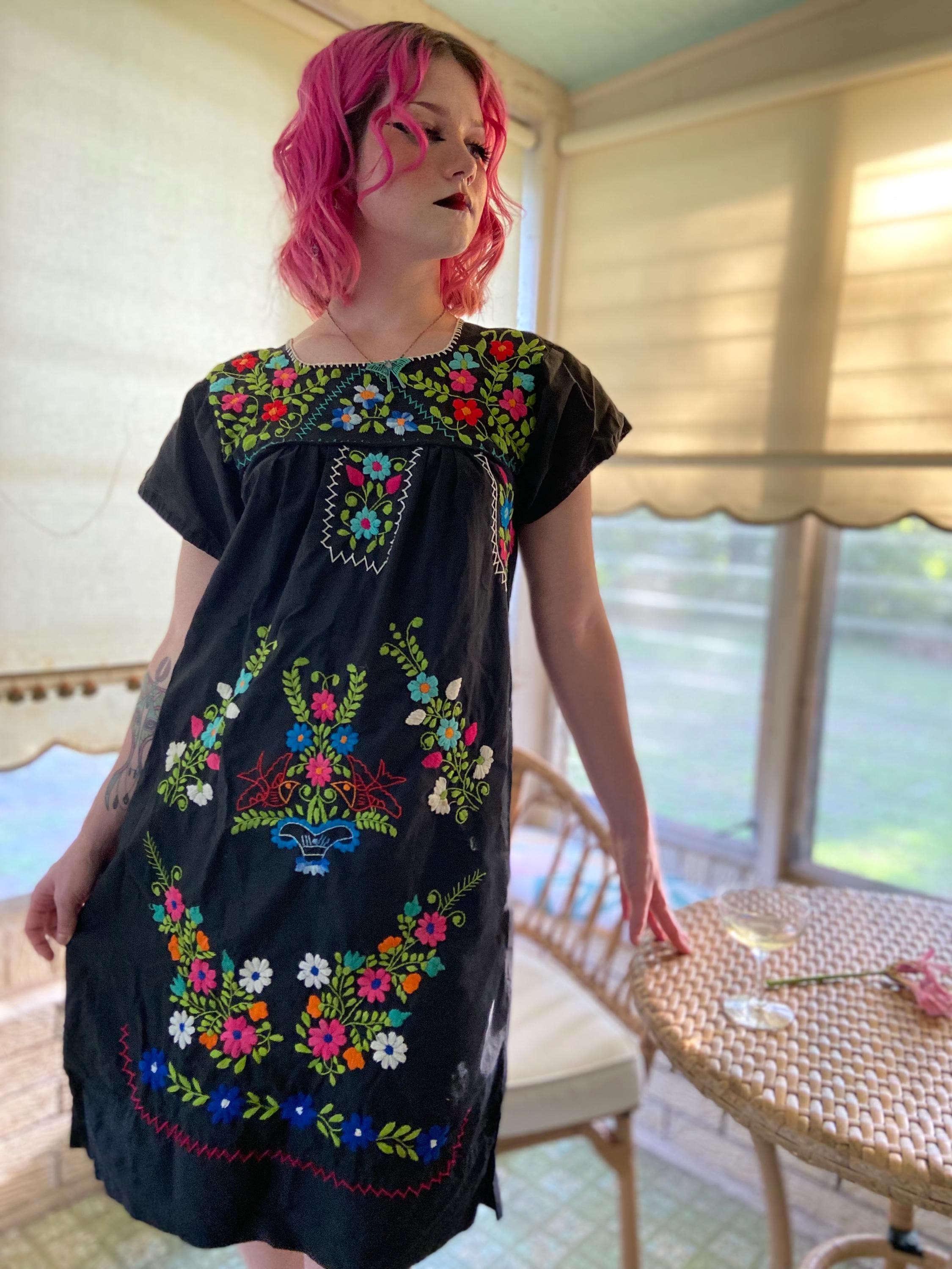 Black Mexican Floral Embroidered Dress Mexican Short Dress Puebla Mini Dress