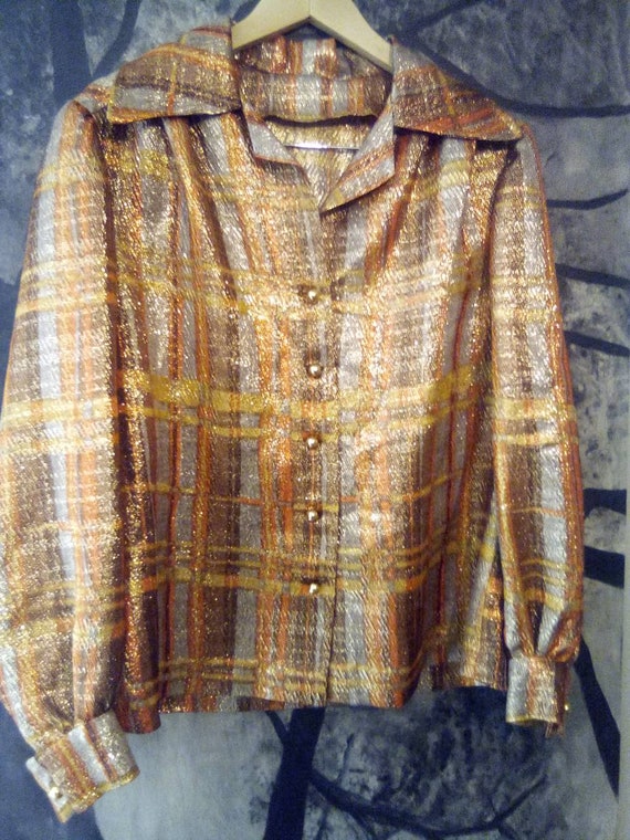 1970's Sparkle Disco Plaid Blouse with Gold Butto… - image 10