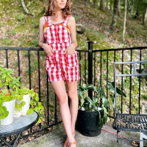 Turtle Bax Red & White Plaid Shortalls / Overalls