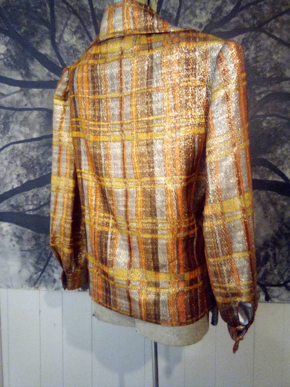 1970's Sparkle Disco Plaid Blouse with Gold Butto… - image 7