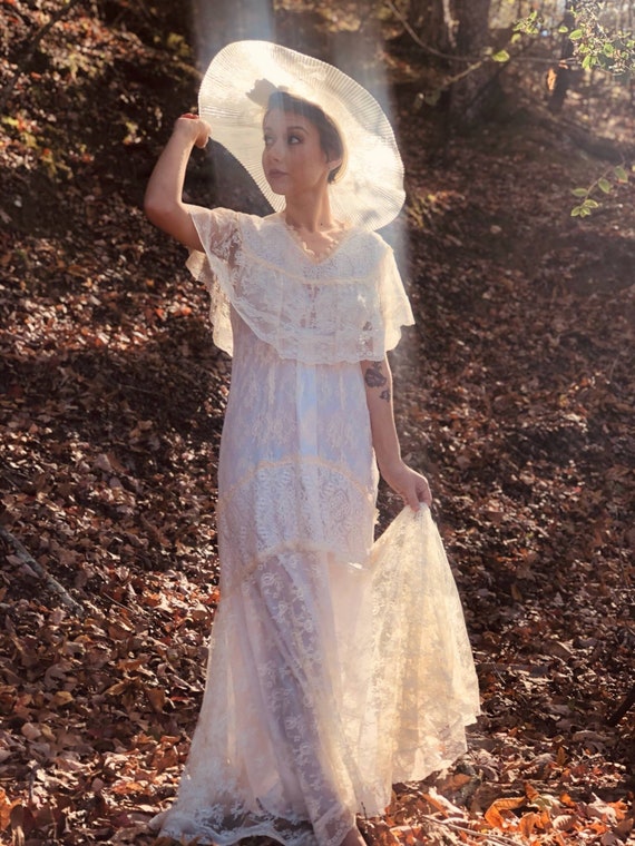 Laced Gown/1920's Style/1970's circa/Sheer Gown/Victorian Style