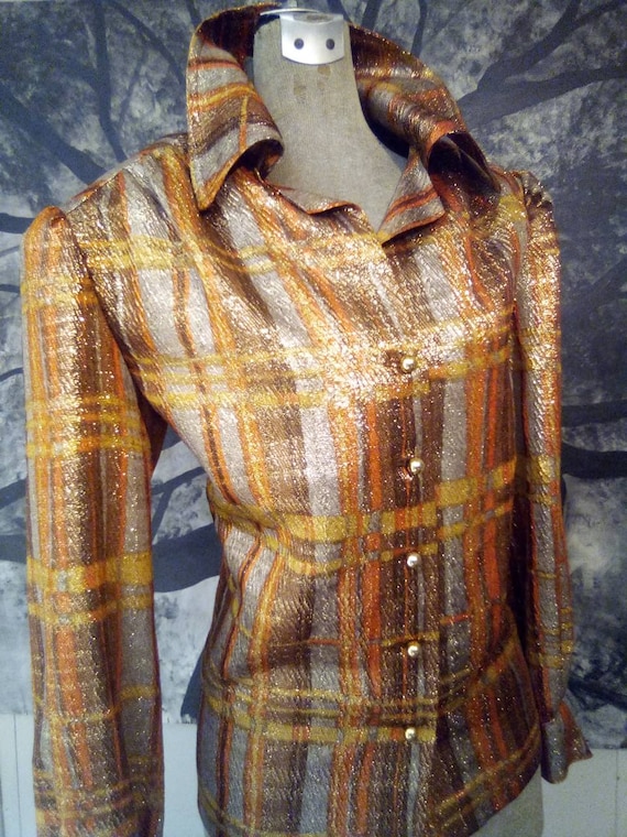 1970's Sparkle Disco Plaid Blouse with Gold Butto… - image 6