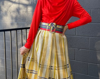 1960's Sparkle Holiday Gown /Rose Taft for Couture Fashions Label/Red Top and Plaid Design/Gold and Silver Tread/ Matching Belt