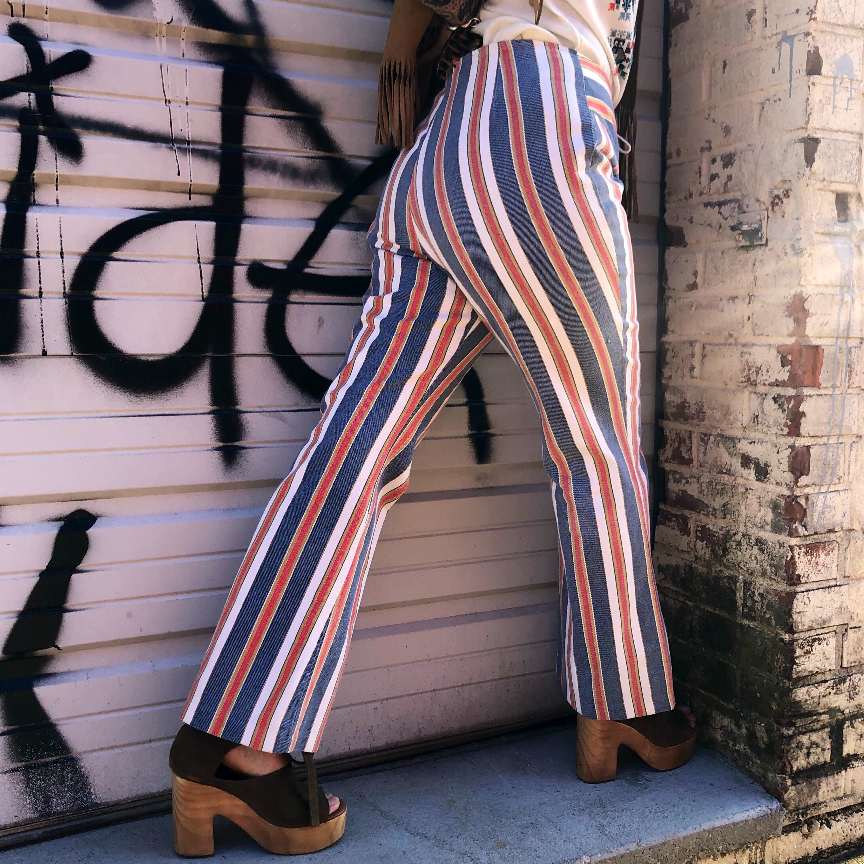 Stripe Hippie 1960s / 1970s Lace up Hip Hugger Bell Bottoms Stripe Hippie 1960s / 1970s Lace up Hip Hugger Bell Bottoms
