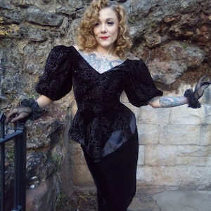 1980's Pantagis Velvet Peplum Skirted Dress with Poof Bubble Sleeves/Front Bow Decor
