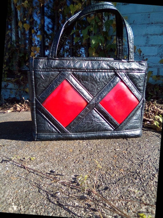 1960's /70's Black Leather With Red Inlay Purse B… - image 1