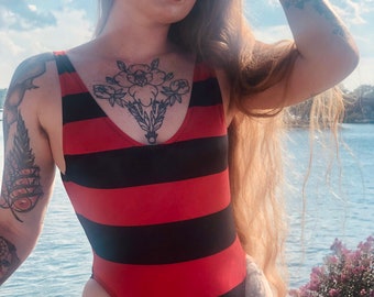 1980s Vintage Striped One Piece Swimsuit: High Cut Backless Red & Black Benz Swimwear