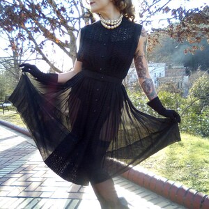 Sheer Black Dress with Eyelet Design/Gem Button Down Front / 1940&#39;s-50&#39;s