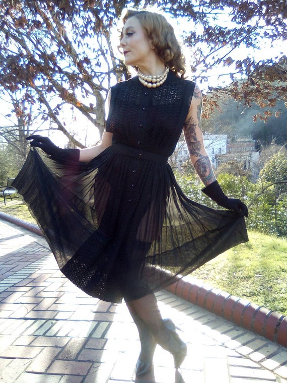 Sheer Black Dress with Eyelet Design/Gem Button Do