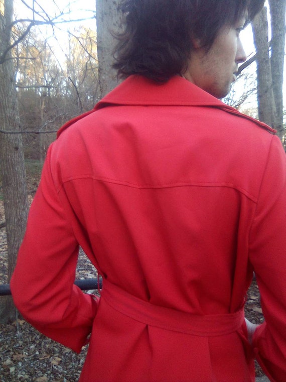 Red 1970 s Trench All Weather Coat With Belt and Slanted Side