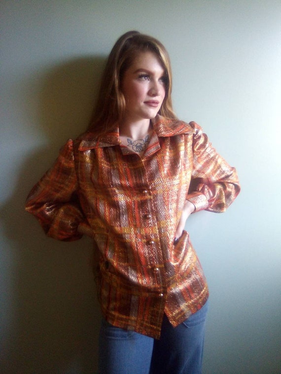 1970's Sparkle Disco Plaid Blouse with Gold Butto… - image 3