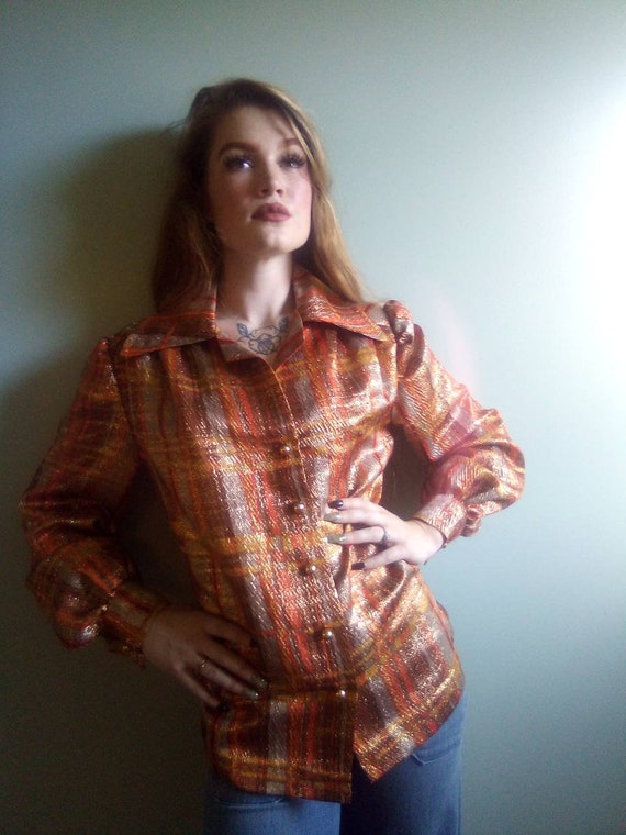 1970's Sparkle Disco Plaid Blouse with Gold Butto… - image 1