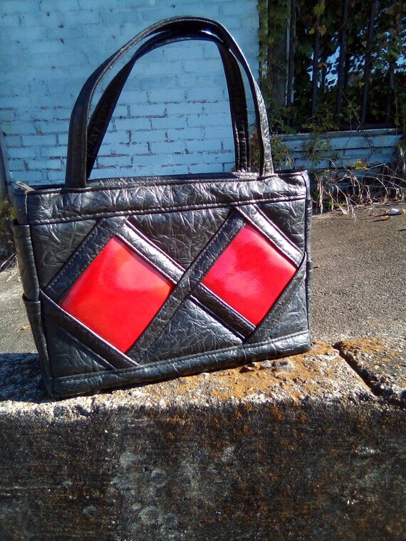 1960's /70's Black Leather With Red Inlay Purse B… - image 3