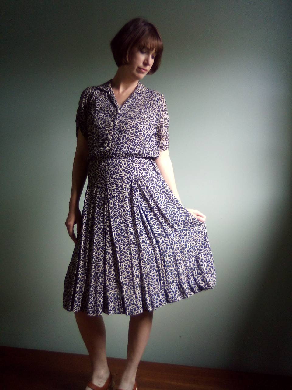 Country Vintage Dress 1940 s Nelly Don Brand abstract Geometric Design draw String Sleeves Etsy