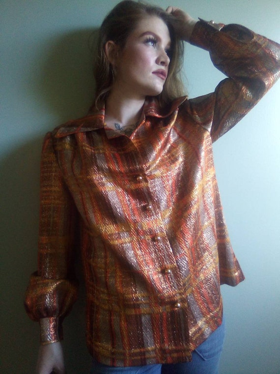 1970's Sparkle Disco Plaid Blouse with Gold Butto… - image 5