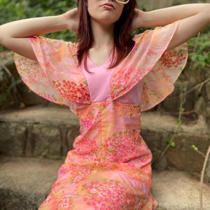 Handmade Chiffon Floral Butterfly Sleeve 1960s / 1970s Pink Mini Dress