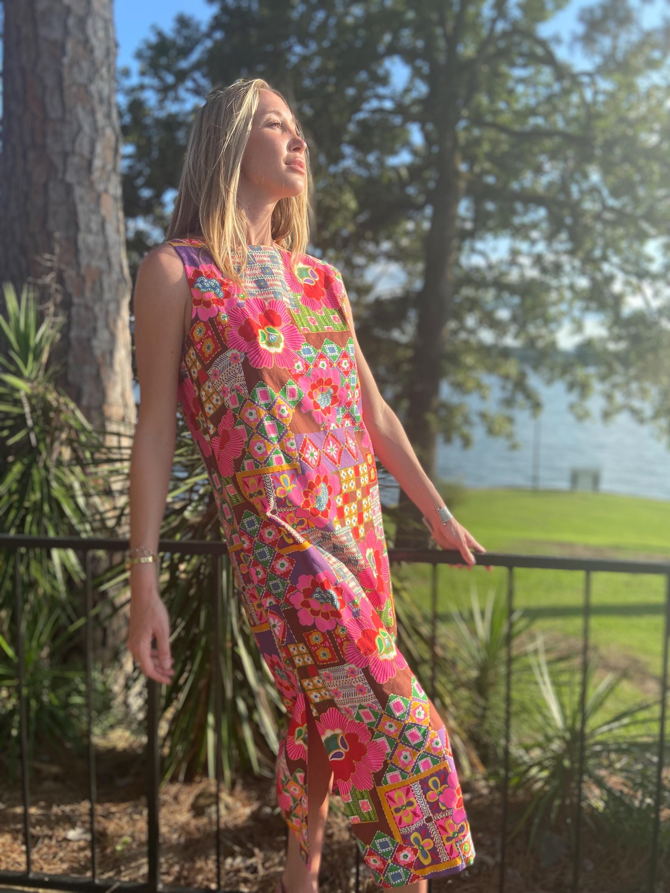 ゆ*u様 OpenYY COLLAGE PRINTED DRESS Psychedelic Flower Power Patchwork Collage Print Shift Maxi Double