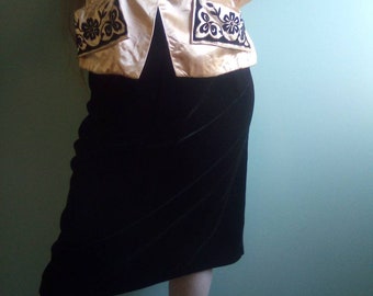 Jordan By Fran Calafatello/Black Velvet Skirt 80's Circa/ Back Zipper/ Pleated Waist and Back Slit