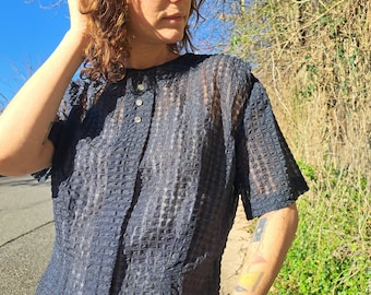 1940's Sheer Navy Blue Blouse/ Back Button Down Closure/Decoative Rhynstone Buttons/Sheer Waffled Material