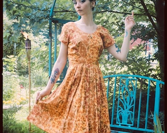 Terracotta Floral Print 1950s Fit and Flare  Dress by Brogan & Jennings of Dallas