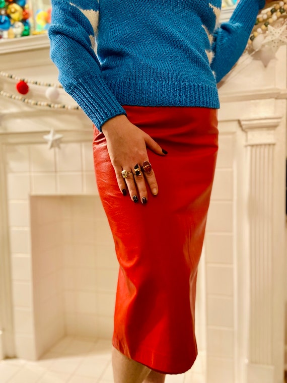 1980s Red Leather Midi Skirt - image 5