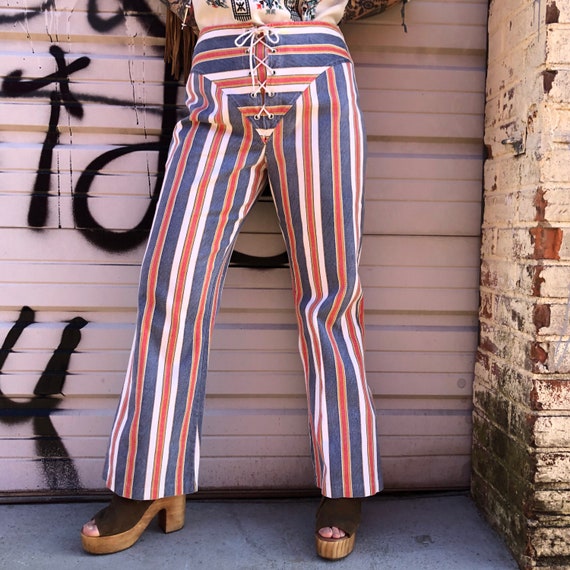 Stripe Hippie s / s Lace up Hip Hugger Bell Bottoms   Etsy