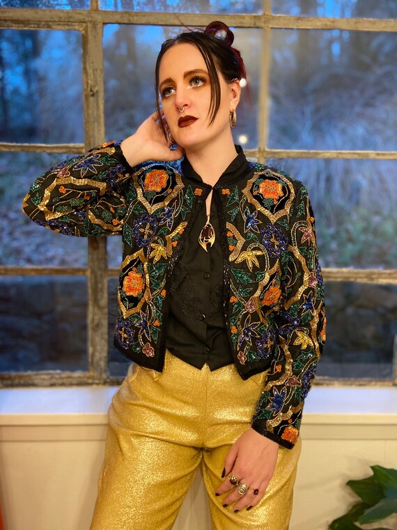 Black Silk & Velvet Beaded Sequin Cropped Jacket - image 7