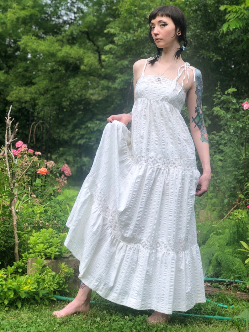 1960s / 1970s White Seersucker Sundress w/ Crochet by ACT 1 New York image 10