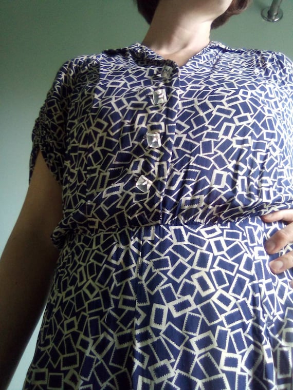 Country Vintage Dress 1940's/ Nelly Don Brand/Abstract Geometric Design/Draw String Sleeves View 6