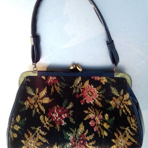 Needlepoint 1950's Floral & Vinyl Carpet Bag Purse image 3